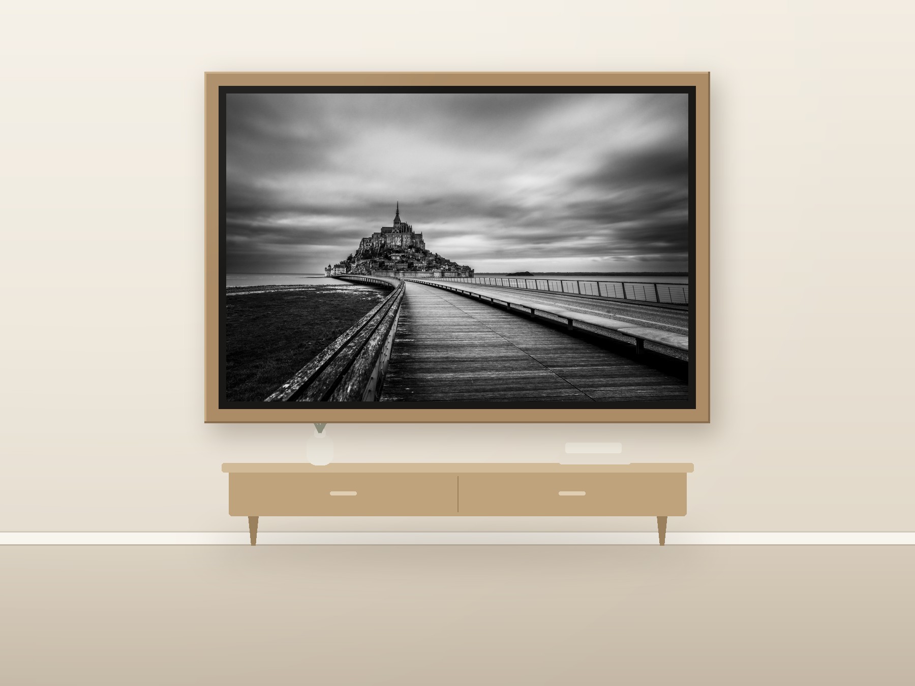 Framed canvas print in a floating oak frame