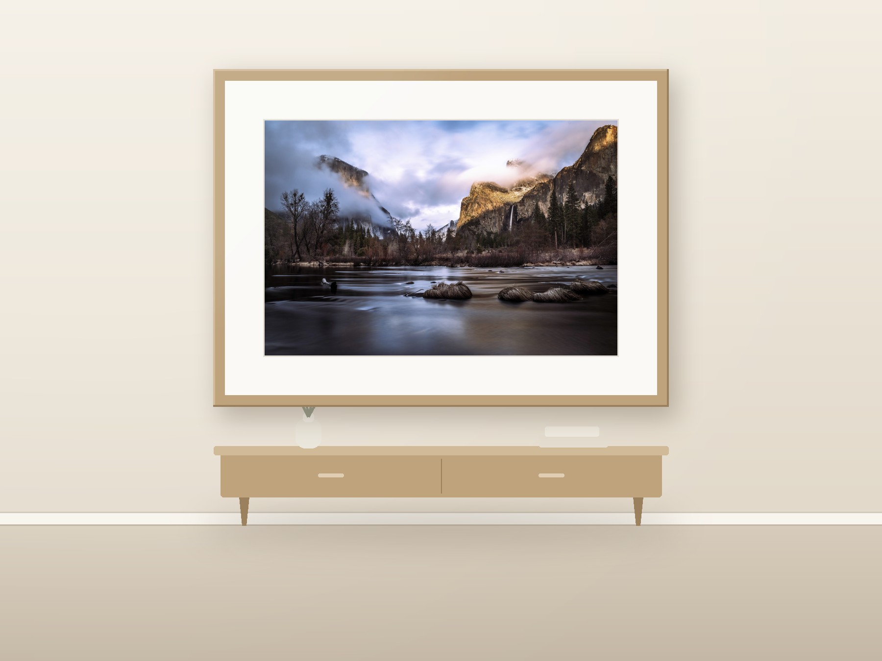 Framed fine art paper print with white mat in an oak frame