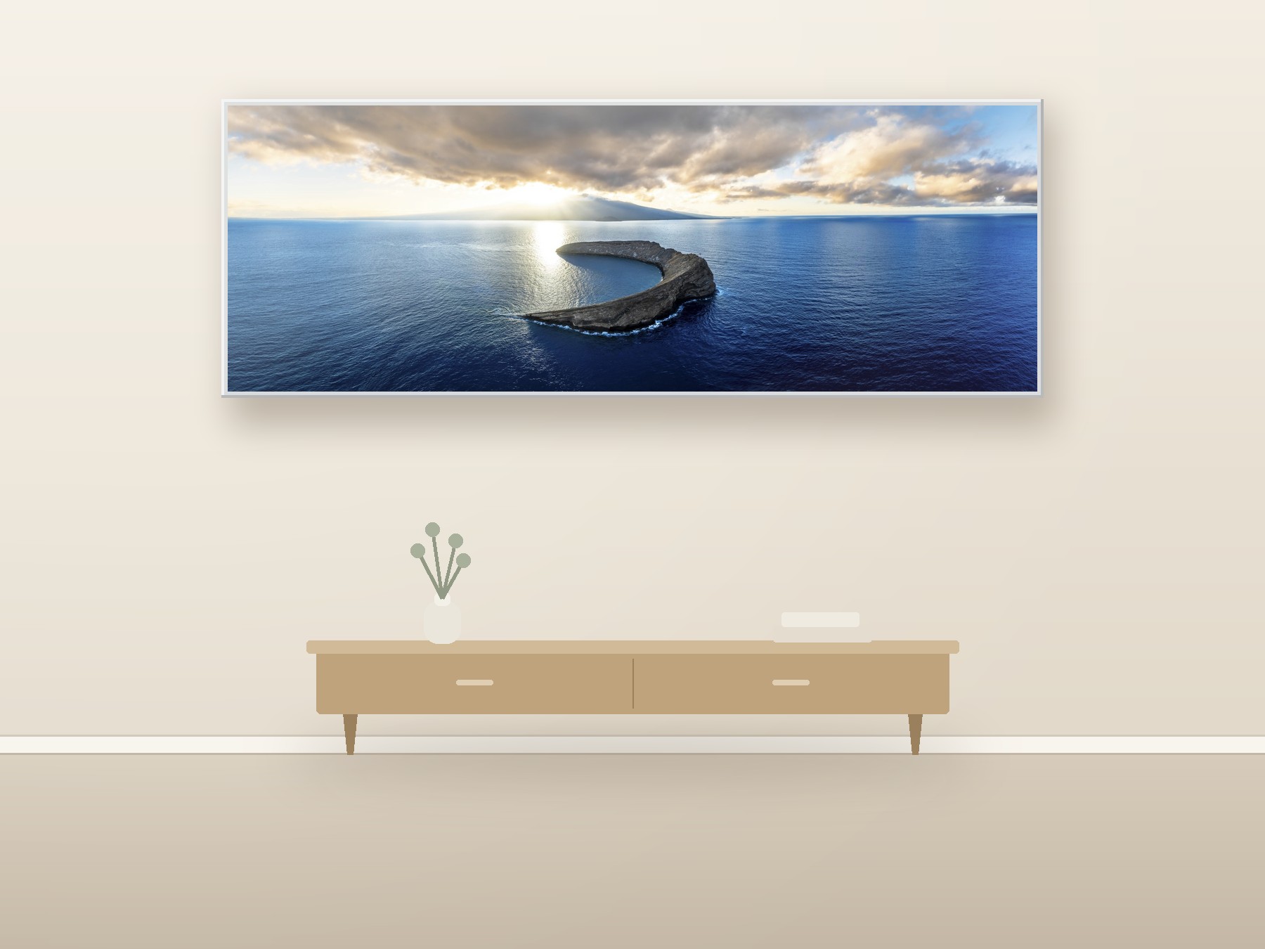 Glossy white metallic print floating on an inset frame