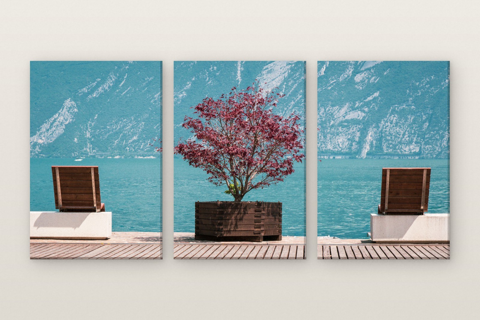 The Red Maple, Lake Garda, three panel set. A crimson maple against the turquoise of Lake Garda. Photographed in Italy.