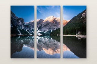 Braies, Morning Mirror, three panel set. Morning light doubles the mountain in the mirror of Lake Braies. Photographed in Italy.