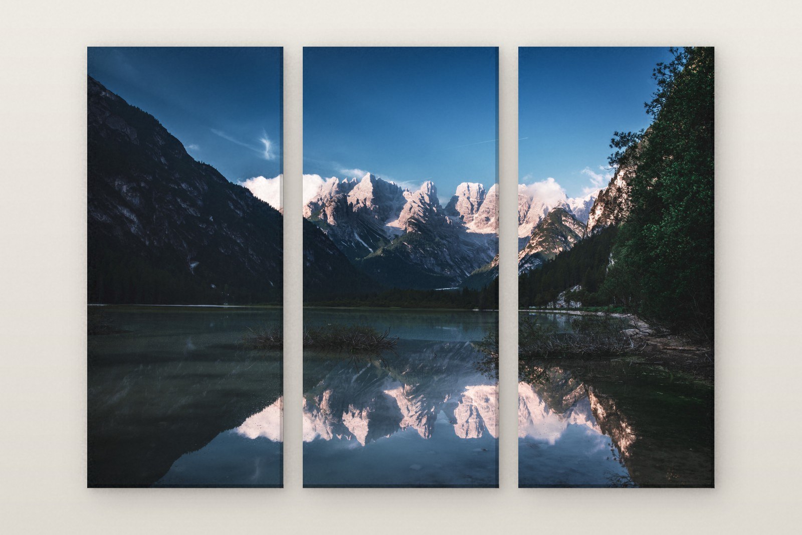 Cristallo Reflected, three panel set. The Cristallo group settles into Lago di Landro at nightfall. Photographed in Italy.