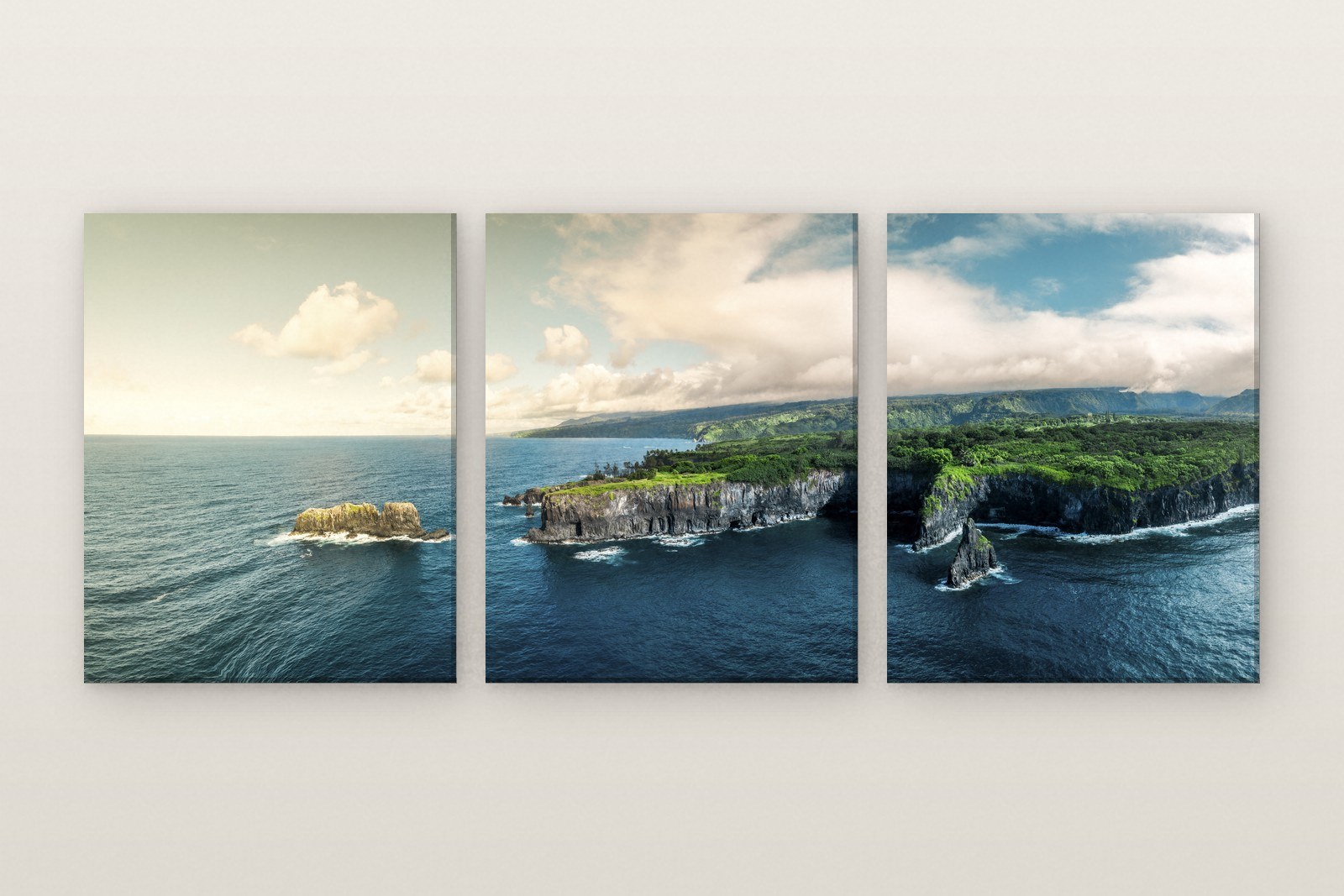 Islet and Sea Cliffs from Above, a three panel set from the From Summit Light to Sacred Sea collection. Photographed in Hawaii.