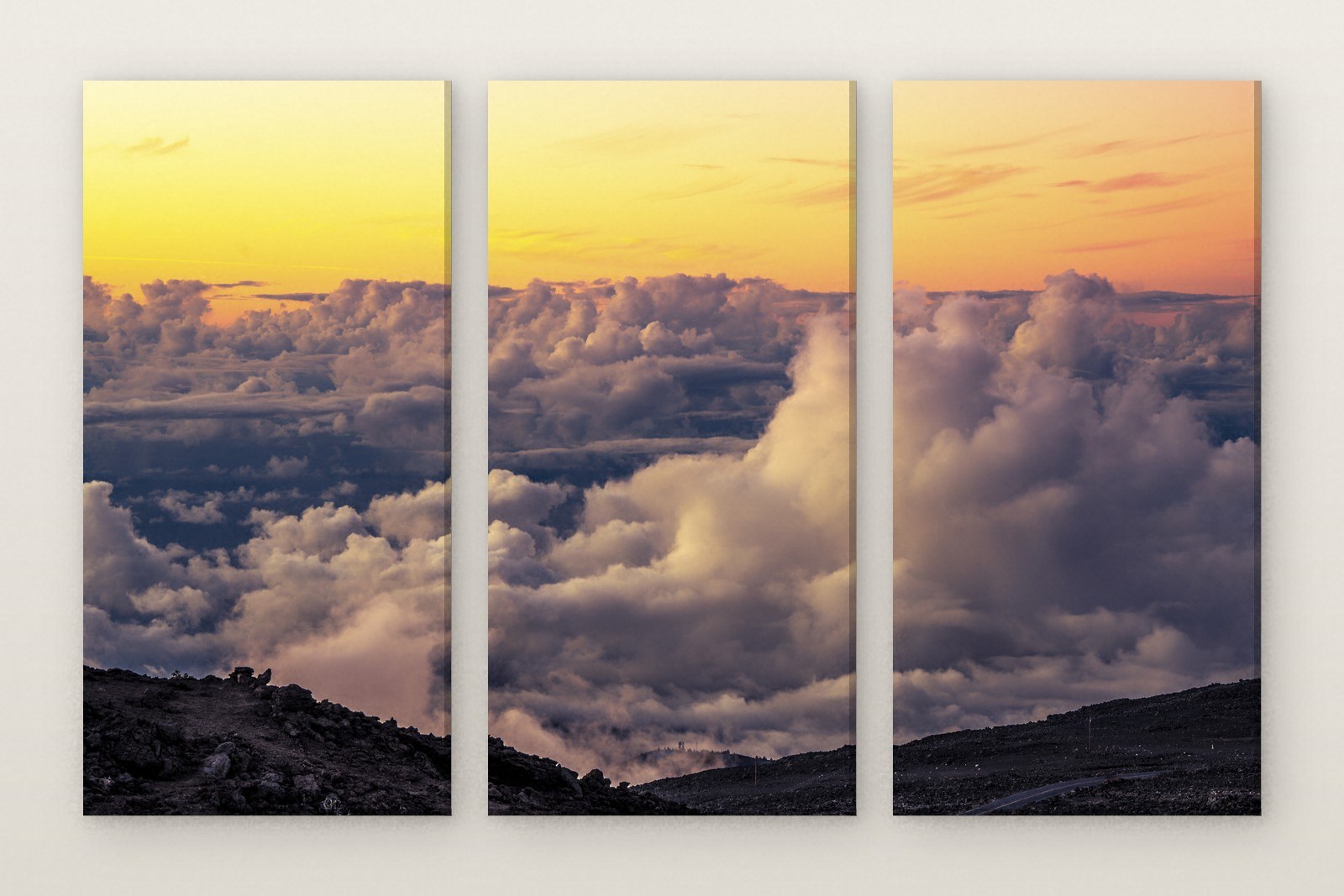 Golden Clouds at the Summit, a three panel set from the From Summit Light to Sacred Sea collection. Photographed in Hawaii.
