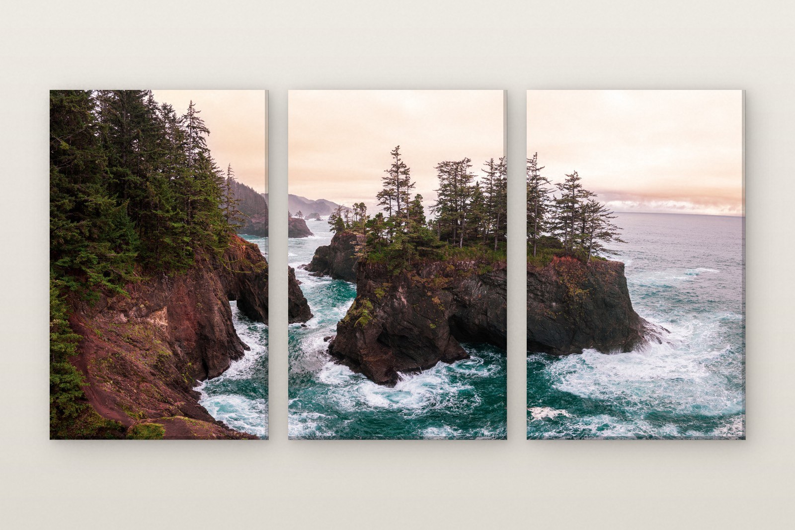 The Tree Crowned Stack, a three panel set from the Tides, Beacons, and Pacific Light collection. Photographed on the Oregon coast.